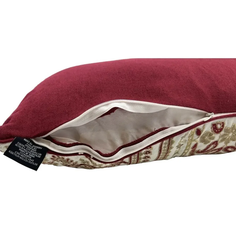 Throw Pillow Rectangular Ivory Red Embroidered Linen Blend by Envogue 13X24